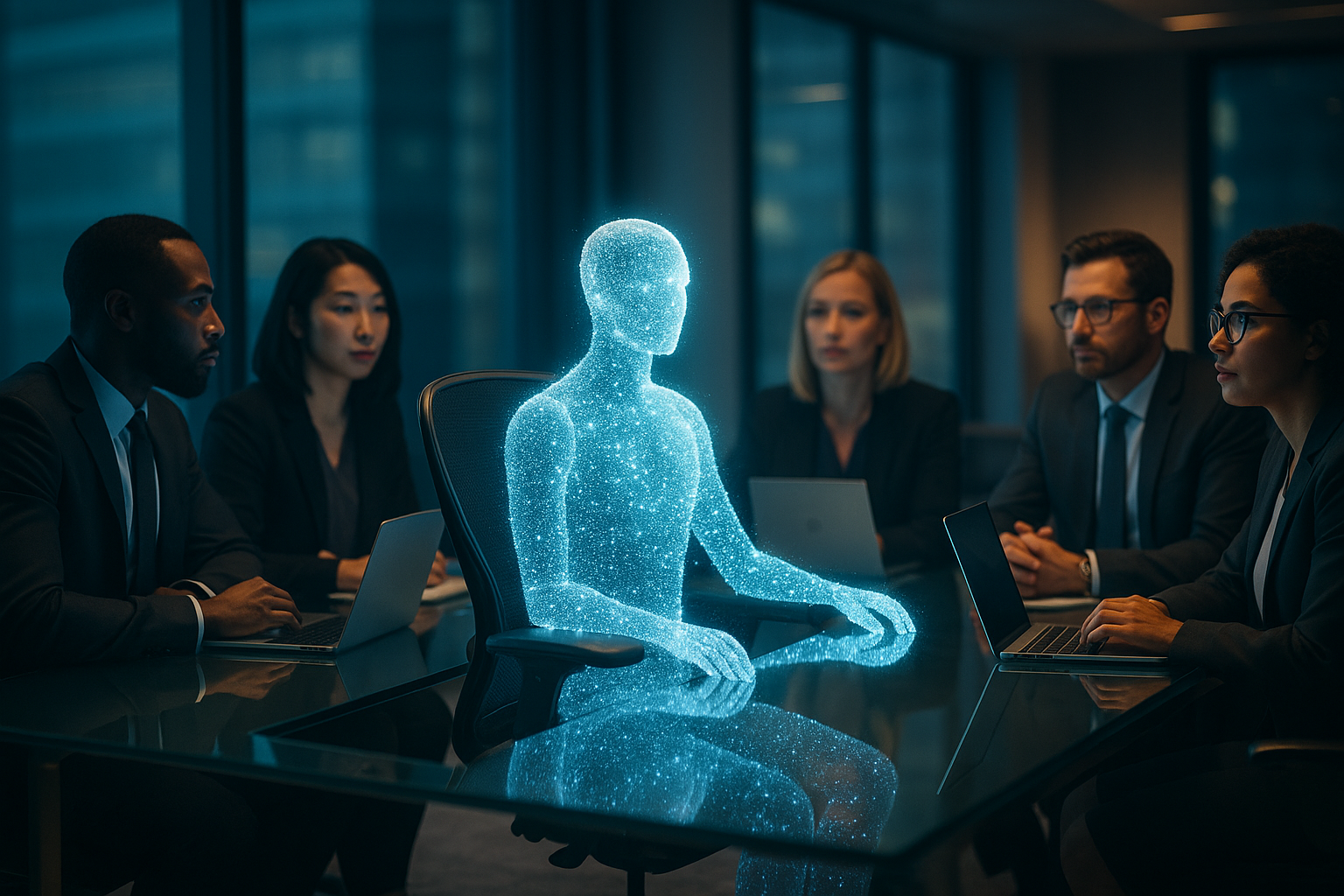 Pasitarimų kambarys, aplink stalą sėdi žmonės ir šviečianti hologramos figūra tuščioje kėdėje, simbolizuojanti AI kolegą
