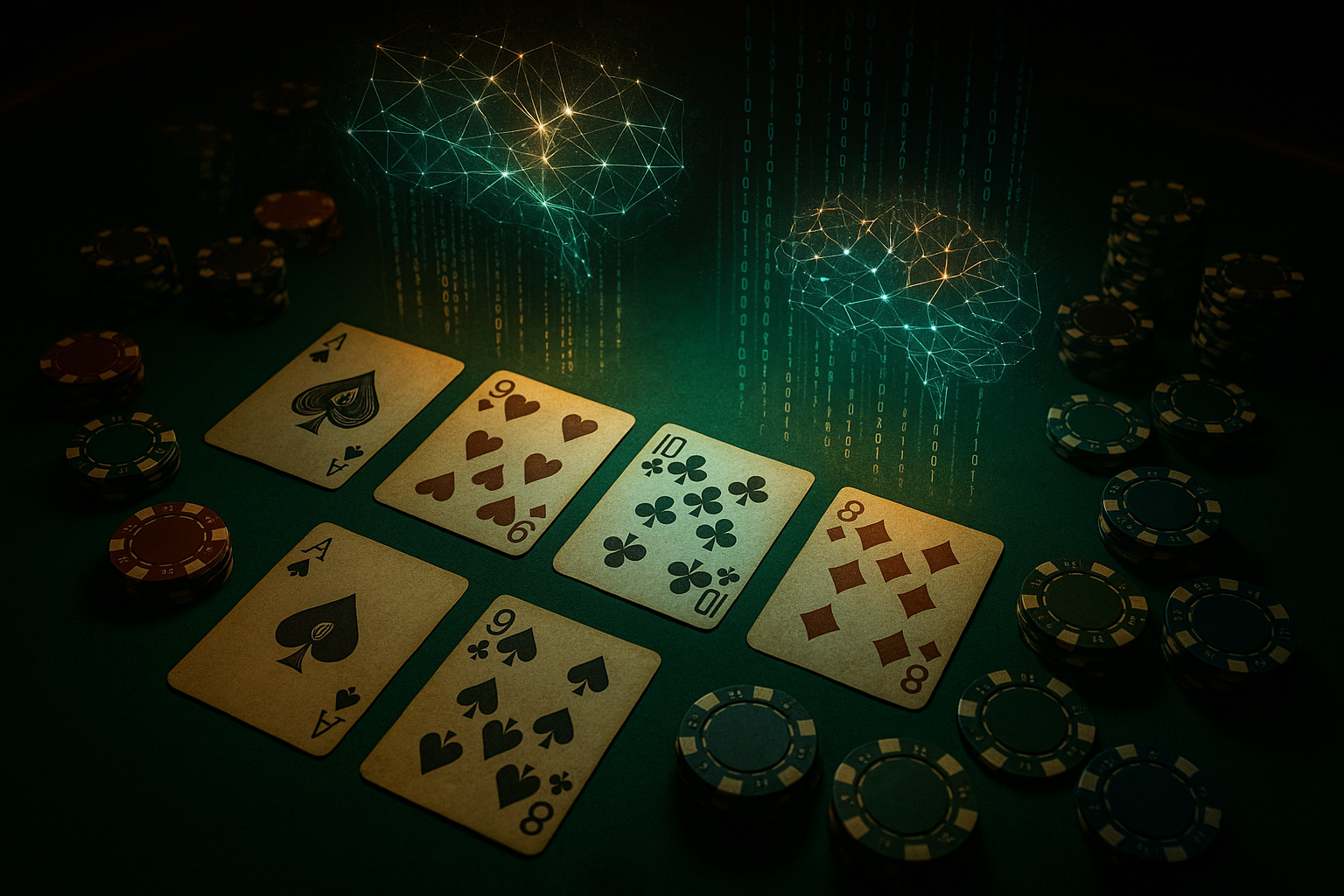 Pokerio stalas su kortomis ir AI duomenų hologramomis