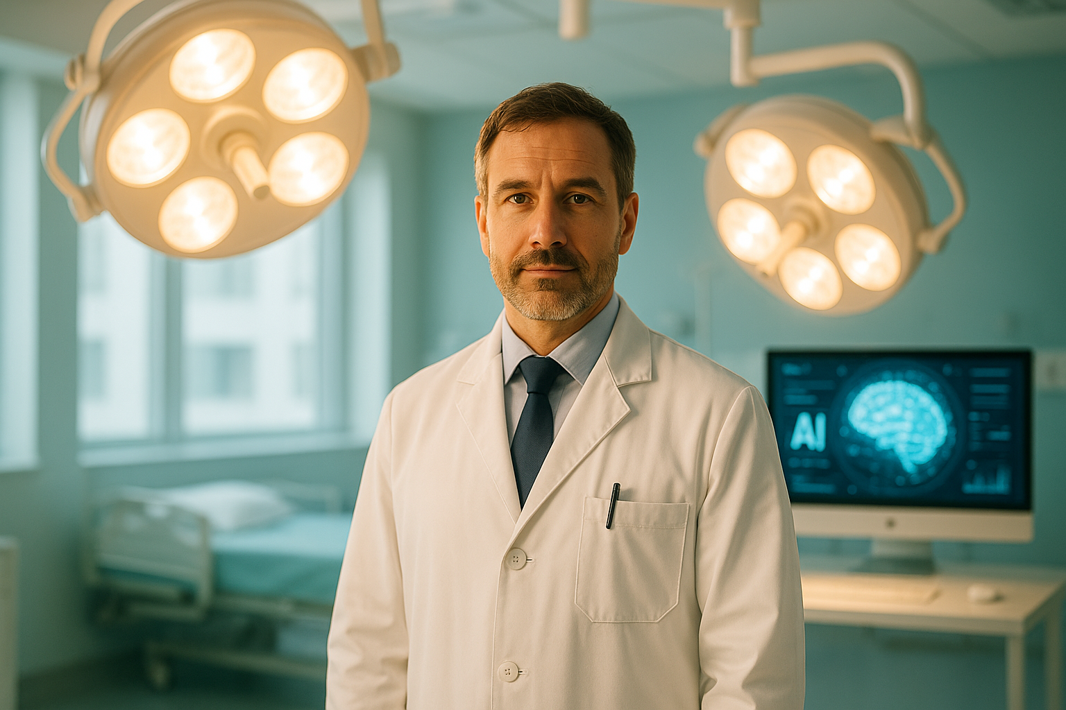 Gydytojas laboratorijoje su AI diagnostikos sistema monitoriuje