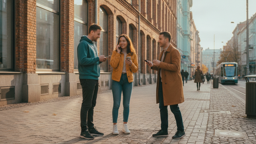 Kasdienė miesto scena su žmonėmis, kalbančiais telefonu, natūrali dienos šviesa, šiltos ambro ir vėsios teal spalvos