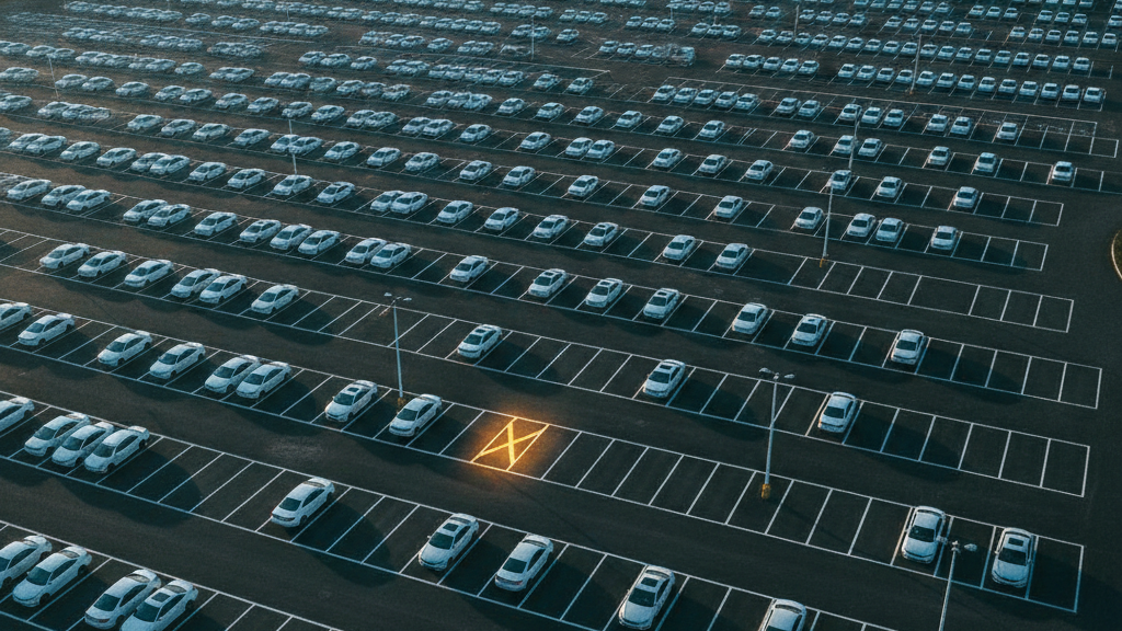 Vaizdas iš viršaus: aikštelės tvarkingi automobilių stovėjimo langeliai, vienas paženklintas ryškiu gintaro kryžiumi, simbolizuojantis netikslų DI teksto atpažinimą