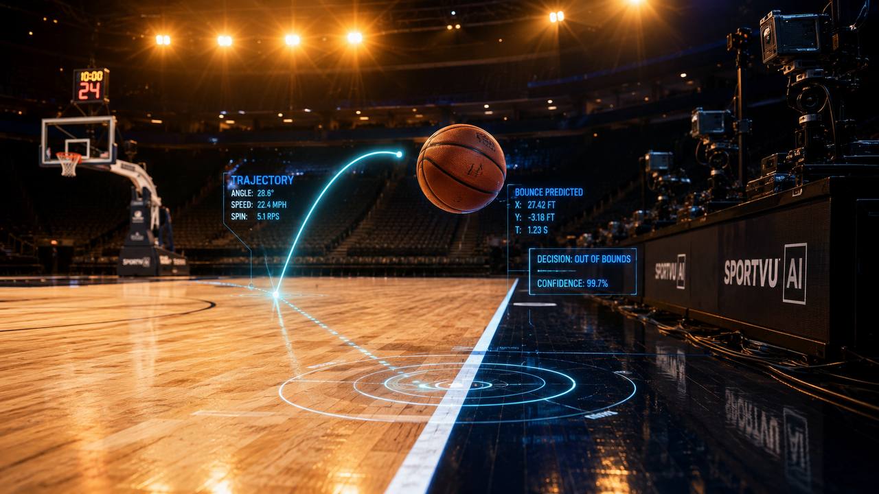 NBA krepšinio aikštelė su AI sekimo linijomis