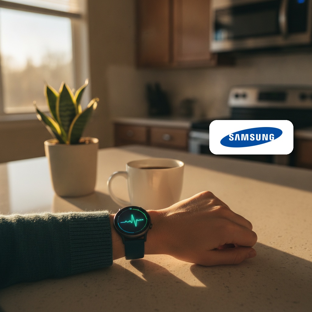 Išmanusis laikrodis su širdies pulso grafiku ekrane ant riešo šviesioje virtuvėje, šalia «Samsung» logotipas