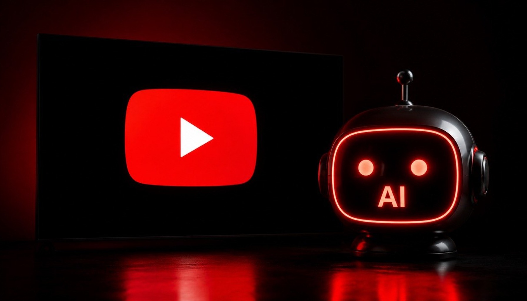 YouTube ekranas su AI robotu — DI turinio žymėjimas